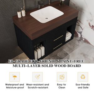 English Elm 29.9 Inch Wall Mounted Bathroom Vanity Sintered Stone Top Soft Close Drawers Modern Black, Walnut W3136S00089
