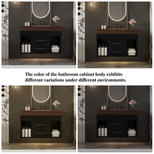 English Elm 29.9 Inch Wall Mounted Bathroom Vanity Sintered Stone Top Soft Close Drawers Modern Black, Walnut W3136S00089