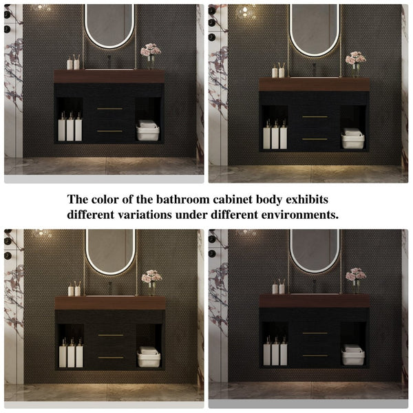 English Elm 29.9 Inch Wall Mounted Bathroom Vanity Sintered Stone Top Soft Close Drawers Modern Black, Walnut W3136S00089