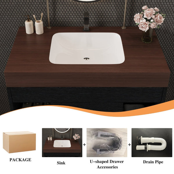 English Elm 29.9 Inch Wall Mounted Bathroom Vanity Sintered Stone Top Soft Close Drawers Modern Black, Walnut W3136S00089