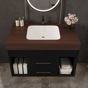 English Elm 29.9 Inch Wall Mounted Bathroom Vanity Sintered Stone Top Soft Close Drawers Modern Black, Walnut W3136S00089