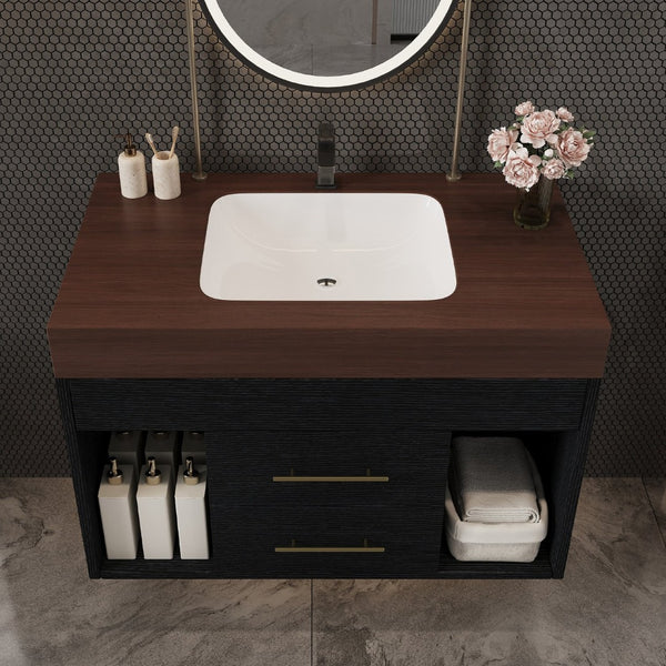 English Elm 29.9 Inch Wall Mounted Bathroom Vanity Sintered Stone Top Soft Close Drawers Modern Black, Walnut W3136S00089