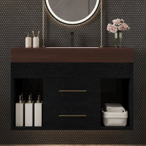 English Elm 29.9 Inch Wall Mounted Bathroom Vanity Sintered Stone Top Soft Close Drawers Modern Black, Walnut W3136S00089