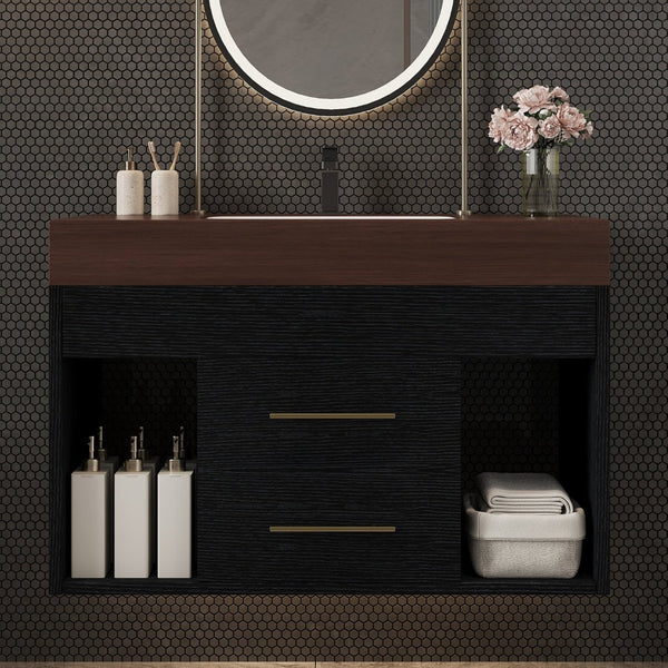 English Elm 29.9 Inch Wall Mounted Bathroom Vanity Sintered Stone Top Soft Close Drawers Modern Black, Walnut W3136S00089