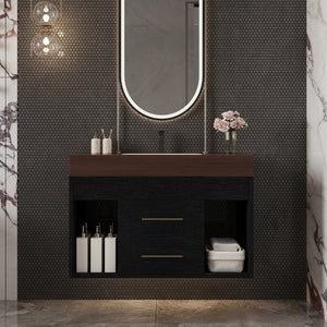 English Elm 29.9 Inch Wall Mounted Bathroom Vanity Sintered Stone Top Soft Close Drawers Modern Black, Walnut W3136S00089