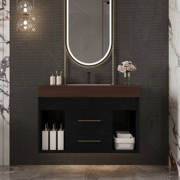 English Elm 29.9 Inch Wall Mounted Bathroom Vanity Sintered Stone Top Soft Close Drawers Modern Black, Walnut W3136S00089