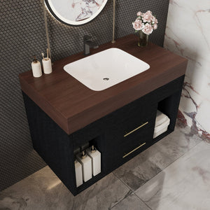 English Elm 29.9 Inch Wall Mounted Bathroom Vanity Sintered Stone Top Soft Close Drawers Modern Black, Walnut W3136S00089