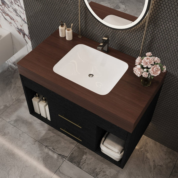 English Elm 29.9 Inch Wall Mounted Bathroom Vanity Sintered Stone Top Soft Close Drawers Modern Black, Walnut W3136S00089