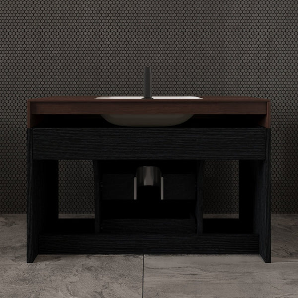 English Elm 29.9 Inch Wall Mounted Bathroom Vanity Sintered Stone Top Soft Close Drawers Modern Black, Walnut W3136S00089