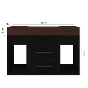 English Elm 29.9 Inch Wall Mounted Bathroom Vanity Sintered Stone Top Soft Close Drawers Modern Black, Walnut W3136S00089