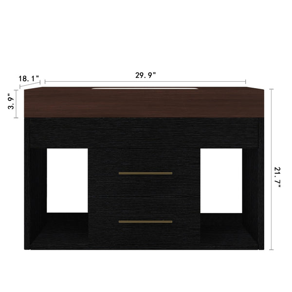 English Elm 29.9 Inch Wall Mounted Bathroom Vanity Sintered Stone Top Soft Close Drawers Modern Black, Walnut W3136S00089