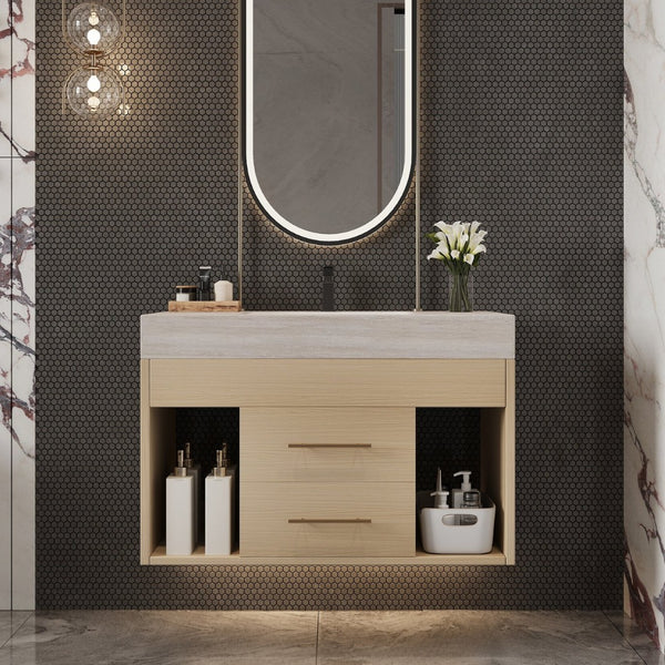 English Elm 29.9 Inch Wall Mounted Bathroom Vanity Sintered Stone Top Soft Close Drawers Modern Stone Gray, Wood W3136S00090
