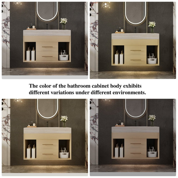English Elm 29.9 Inch Wall Mounted Bathroom Vanity Sintered Stone Top Soft Close Drawers Modern Stone Gray, Wood W3136S00090