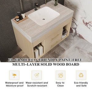 English Elm 29.9 Inch Wall Mounted Bathroom Vanity Sintered Stone Top Soft Close Drawers Modern Stone Gray, Wood W3136S00090