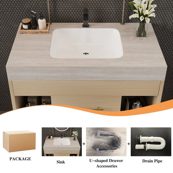 English Elm 29.9 Inch Wall Mounted Bathroom Vanity Sintered Stone Top Soft Close Drawers Modern Stone Gray, Wood W3136S00090