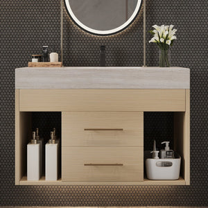 English Elm 29.9 Inch Wall Mounted Bathroom Vanity Sintered Stone Top Soft Close Drawers Modern Stone Gray, Wood W3136S00090