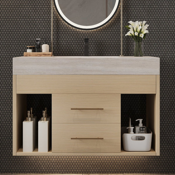 English Elm 29.9 Inch Wall Mounted Bathroom Vanity Sintered Stone Top Soft Close Drawers Modern Stone Gray, Wood W3136S00090