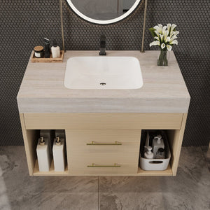 English Elm 29.9 Inch Wall Mounted Bathroom Vanity Sintered Stone Top Soft Close Drawers Modern Stone Gray, Wood W3136S00090