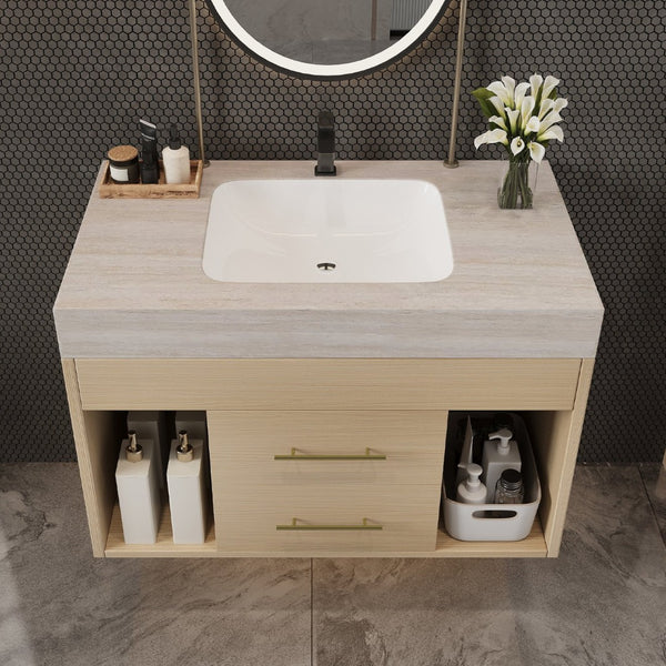 English Elm 29.9 Inch Wall Mounted Bathroom Vanity Sintered Stone Top Soft Close Drawers Modern Stone Gray, Wood W3136S00090