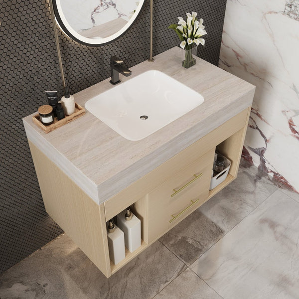 English Elm 29.9 Inch Wall Mounted Bathroom Vanity Sintered Stone Top Soft Close Drawers Modern Stone Gray, Wood W3136S00090