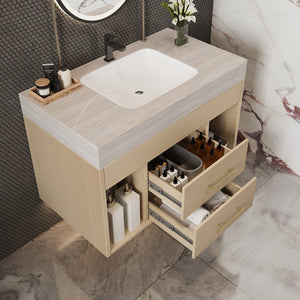 English Elm 29.9 Inch Wall Mounted Bathroom Vanity Sintered Stone Top Soft Close Drawers Modern Stone Gray, Wood W3136S00090