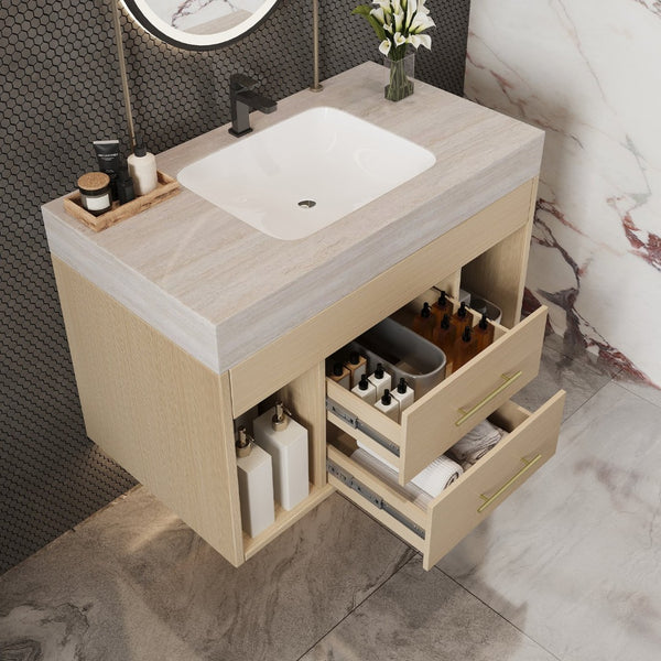 English Elm 29.9 Inch Wall Mounted Bathroom Vanity Sintered Stone Top Soft Close Drawers Modern Stone Gray, Wood W3136S00090