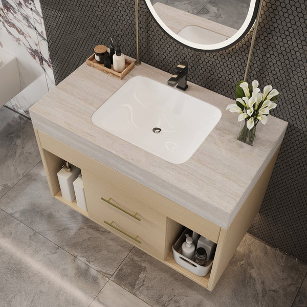 English Elm 29.9 Inch Wall Mounted Bathroom Vanity Sintered Stone Top Soft Close Drawers Modern Stone Gray, Wood W3136S00090