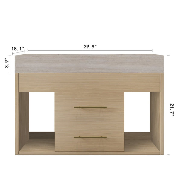 English Elm 29.9 Inch Wall Mounted Bathroom Vanity Sintered Stone Top Soft Close Drawers Modern Stone Gray, Wood W3136S00090