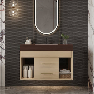 English Elm 29.9 Inch Wall Mounted Bathroom Vanity Sintered Stone Top Soft Close Drawers Modern Walnut, Wood W3136S00091