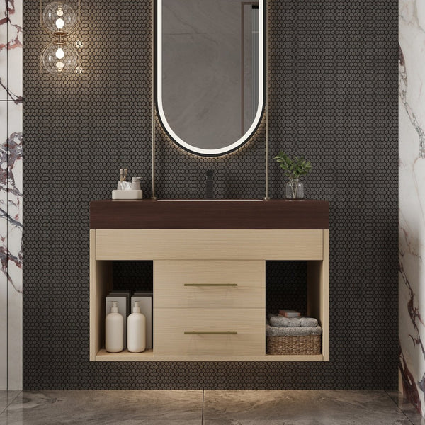 English Elm 29.9 Inch Wall Mounted Bathroom Vanity Sintered Stone Top Soft Close Drawers Modern Walnut, Wood W3136S00091