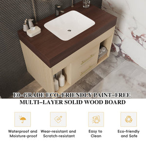 English Elm 29.9 Inch Wall Mounted Bathroom Vanity Sintered Stone Top Soft Close Drawers Modern Walnut, Wood W3136S00091