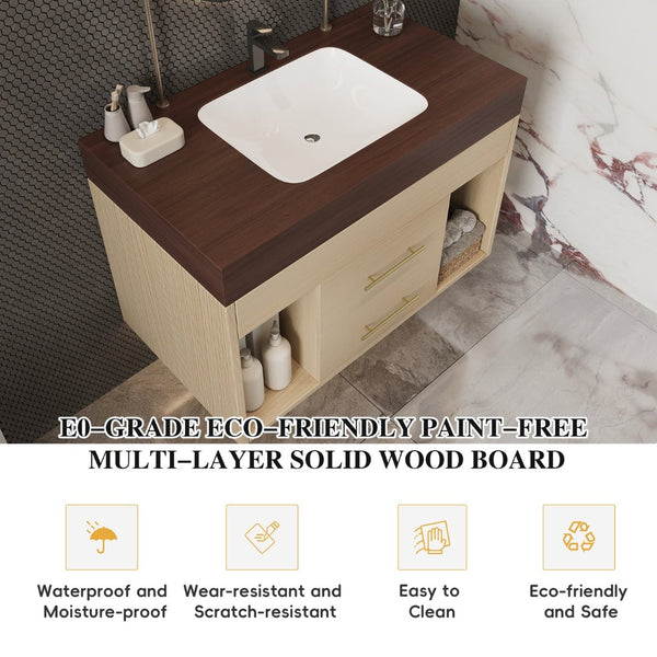 English Elm 29.9 Inch Wall Mounted Bathroom Vanity Sintered Stone Top Soft Close Drawers Modern Walnut, Wood W3136S00091