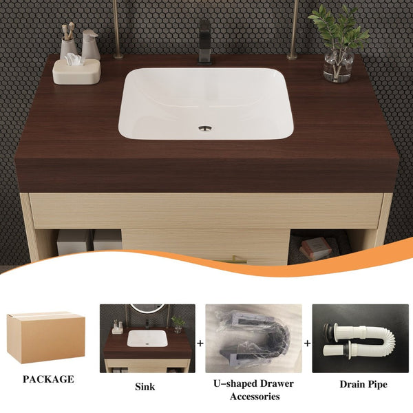 English Elm 29.9 Inch Wall Mounted Bathroom Vanity Sintered Stone Top Soft Close Drawers Modern Walnut, Wood W3136S00091