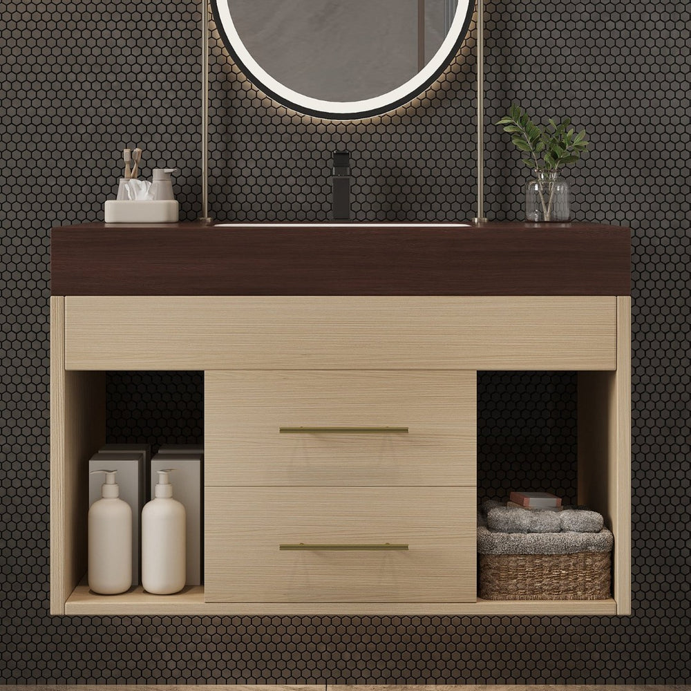 English Elm 29.9 Inch Wall Mounted Bathroom Vanity Sintered Stone Top Soft Close Drawers Modern Walnut, Wood W3136S00091