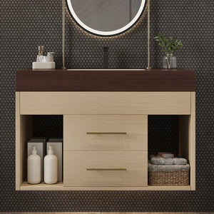English Elm 29.9 Inch Wall Mounted Bathroom Vanity Sintered Stone Top Soft Close Drawers Modern Walnut, Wood W3136S00091