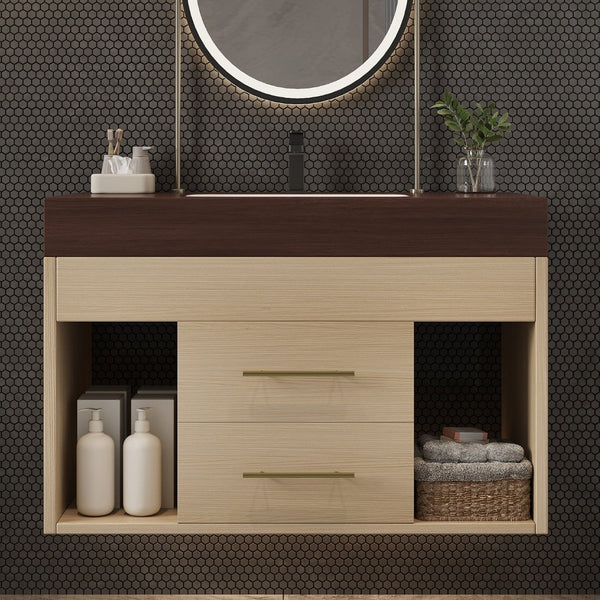 English Elm 29.9 Inch Wall Mounted Bathroom Vanity Sintered Stone Top Soft Close Drawers Modern Walnut, Wood W3136S00091
