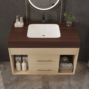 English Elm 29.9 Inch Wall Mounted Bathroom Vanity Sintered Stone Top Soft Close Drawers Modern Walnut, Wood W3136S00091