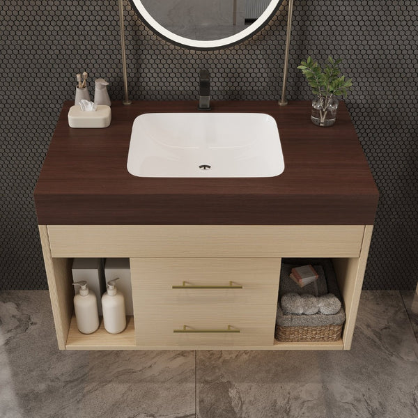 English Elm 29.9 Inch Wall Mounted Bathroom Vanity Sintered Stone Top Soft Close Drawers Modern Walnut, Wood W3136S00091