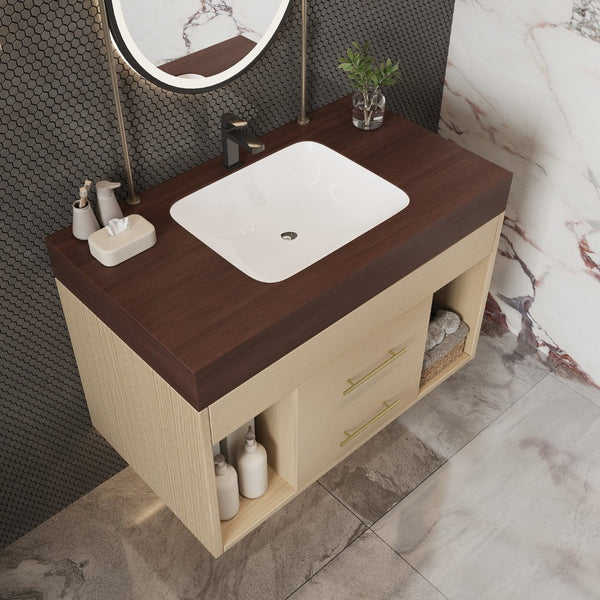 English Elm 29.9 Inch Wall Mounted Bathroom Vanity Sintered Stone Top Soft Close Drawers Modern Walnut, Wood W3136S00091