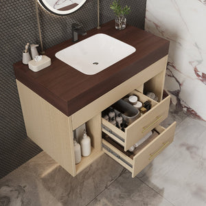 English Elm 29.9 Inch Wall Mounted Bathroom Vanity Sintered Stone Top Soft Close Drawers Modern Walnut, Wood W3136S00091