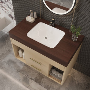 English Elm 29.9 Inch Wall Mounted Bathroom Vanity Sintered Stone Top Soft Close Drawers Modern Walnut, Wood W3136S00091