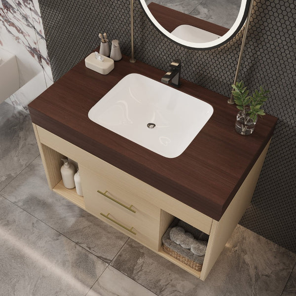 English Elm 29.9 Inch Wall Mounted Bathroom Vanity Sintered Stone Top Soft Close Drawers Modern Walnut, Wood W3136S00091