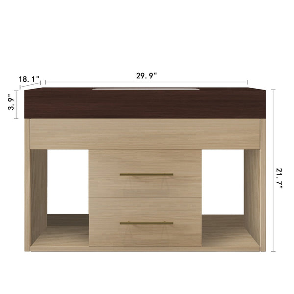 English Elm 29.9 Inch Wall Mounted Bathroom Vanity Sintered Stone Top Soft Close Drawers Modern Walnut, Wood W3136S00091