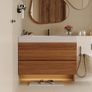 English Elm 29.9 Floating Bathroom Vanity Sintered Stone Top Ceramic Undermount Sink Two Drawers Stone Gray, Walnut W3136S00092