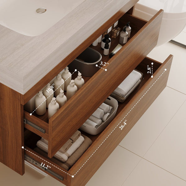 English Elm 29.9 Floating Bathroom Vanity Sintered Stone Top Ceramic Undermount Sink Two Drawers Stone Gray, Walnut W3136S00092