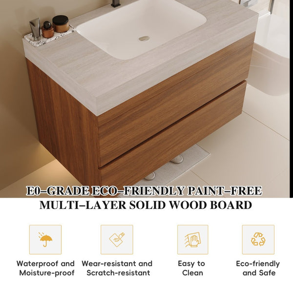 English Elm 29.9 Floating Bathroom Vanity Sintered Stone Top Ceramic Undermount Sink Two Drawers Stone Gray, Walnut W3136S00092