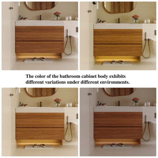 English Elm 29.9 Floating Bathroom Vanity Sintered Stone Top Ceramic Undermount Sink Two Drawers Stone Gray, Walnut W3136S00092