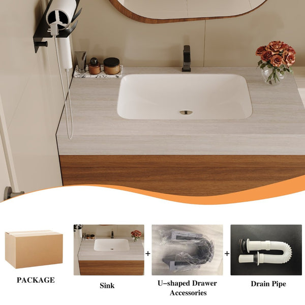 English Elm 29.9 Floating Bathroom Vanity Sintered Stone Top Ceramic Undermount Sink Two Drawers Stone Gray, Walnut W3136S00092