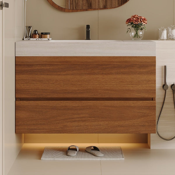 English Elm 29.9 Floating Bathroom Vanity Sintered Stone Top Ceramic Undermount Sink Two Drawers Stone Gray, Walnut W3136S00092