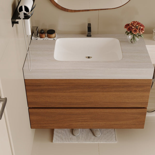 English Elm 29.9 Floating Bathroom Vanity Sintered Stone Top Ceramic Undermount Sink Two Drawers Stone Gray, Walnut W3136S00092